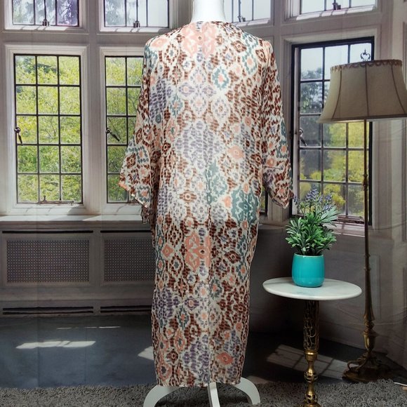 NWT SONOMA WATERCOLOR IKAT LONG KIMONO (BROWN MULTI / OS) - Picture 10 of 10